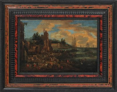 une peinture à l'huile d'un paysage avec un château au loin