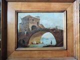 une peinture à l'huile représentant un pont enjambant un plan d'eau, sur lequel se trouvent des personnes