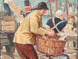 une image représentant un tableau où l'on voit un homme portant un panier de poissons