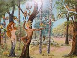 un tableau représentant une femme et un homme dans les bois