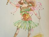 drawing of a woman in a costume holding a wand and a flower
