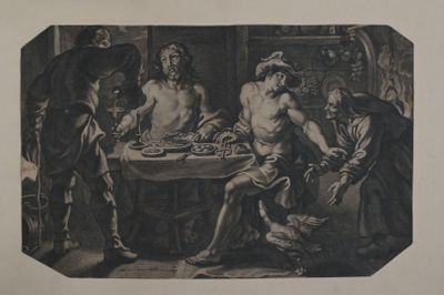 an image of a painting of a group of men eating