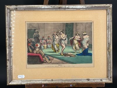 tableau encadré représentant un homme aux prises avec une femme dans un ring de lutte
