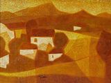 l'image d'un tableau représentant un paysage avec une maison au loin