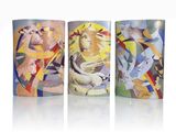 three mugs with different designs on them on a white surface