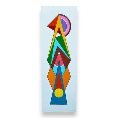 une peinture représentant une œuvre d'art abstraite aux couleurs vives sur un mur blanc