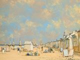 un tableau représentant une scène de plage avec des personnes assises sur le sable