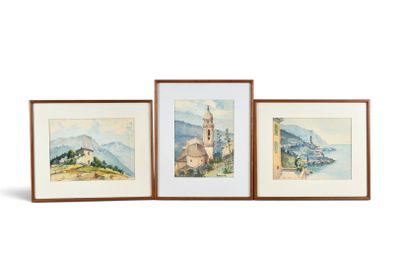 trois aquarelles représentant des montagnes et une église sur une colline