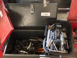 a dog that is standing next to a tool box