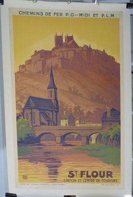 une affiche représentant un château situé sur une colline surplombant une rivière