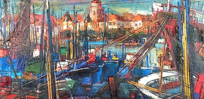a painting of boats in a harbor with buildings in the background
