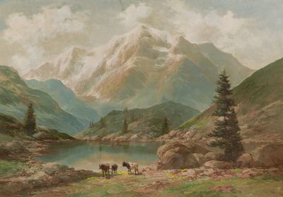 a painting of a mountain scene with cows by a lake