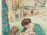 une illustration représentant une femme allaitant son enfant dans un parc