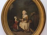 un vieux tableau représentant une femme assise sur une chaise à côté d'un enfant
