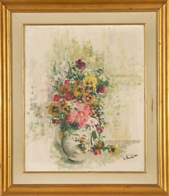 tableau représentant des fleurs dans un vase posé sur une table, dans un cadre doré