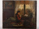 tableau représentant une femme assise à une table, en train de lire un livre devant une fenêtre