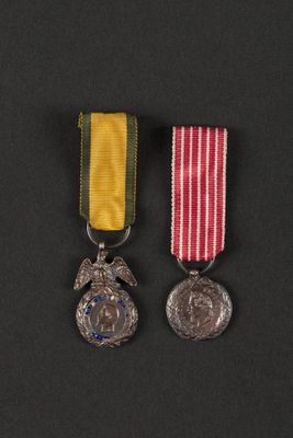 two medals on a black surface with a red, white and blue ribbon