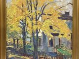 une peinture à l'huile représentant un arbre jaune devant une maison