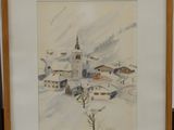 aquarelle encadrée représentant un village sous la neige, avec une église en arrière-plan
