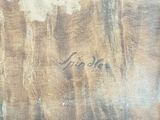 a close up of a painting of a horse with a name written on it