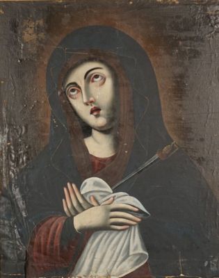 un vieux tableau représentant une femme tenant un couteau à la main
