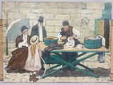 une peinture représentant un groupe de personnes assises à une table