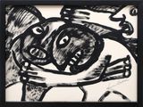 black and white drawing of a man holding a dog in his arms