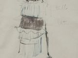 dessin représentant une femme en robe longue, coiffée d'un chapeau et tenant une canne