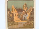 french travel poster of a village with a church in the background