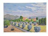 a painting of a landscape with trees and a road