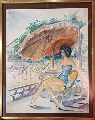 ECOLE XXè "Femme en tenue de bain assise sous un parasol et …