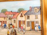 une photo d'un tableau représentant une ville avec des gens et des chevaux