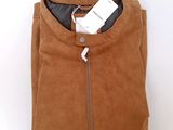 the jacket is brown and has a tag on it