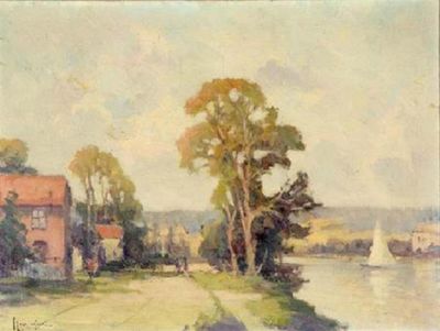 painting of a view of a river with a house and a sailboat in the distance