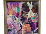 an oil painting of a woman and a man in a purple room