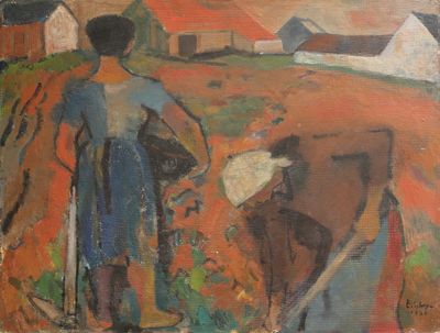 tableau représentant un homme et une vache dans un champ, avec une grange en arrière-plan