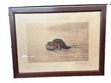 painting of a horse laying down on the ground in a wooden frame