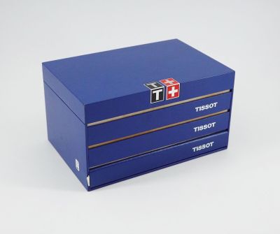 une boîte bleue surmontée de trois tiroirs
