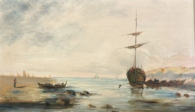 une peinture représentant un bateau sur l'eau, près d'une rive