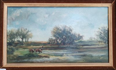 une peinture représentant un homme à cheval dans un champ
