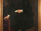 a painting of a man in a black coat holding a book