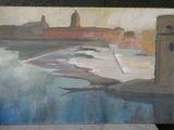 a painting of a lighthouse on the shore of the water