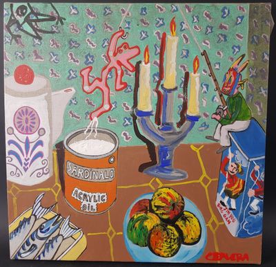 une peinture représentant une peinture d'une table sur laquelle se trouvent des plats