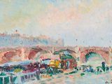 une peinture à l'huile représentant un train traversant un pont au bord d'une rivière