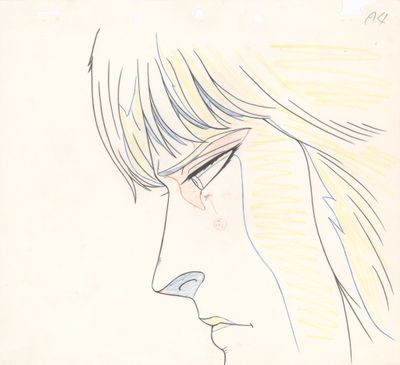 dessin représentant une femme aux cheveux blonds et aux yeux bleus, regardant sur le côté