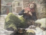 un tableau représentant une femme assise par terre dans la neige