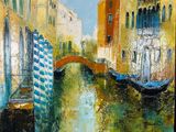 une peinture à l'huile représentant un canal avec un pont et des bâtiments en arrière-plan