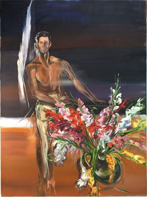 a painting of a man holding a surfboard next to a vase of flowers