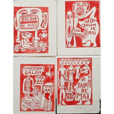quatre cartes rouges et blanches ornées de motifs différents
