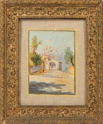 a painting of a street scene in a gold frame